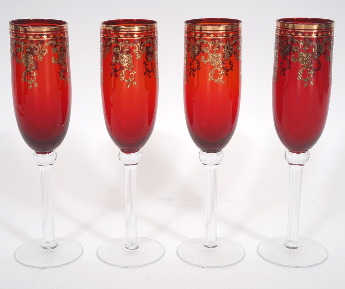 4 Bohemian Ruby Gold Clear Stem Goblets (1 of 5)