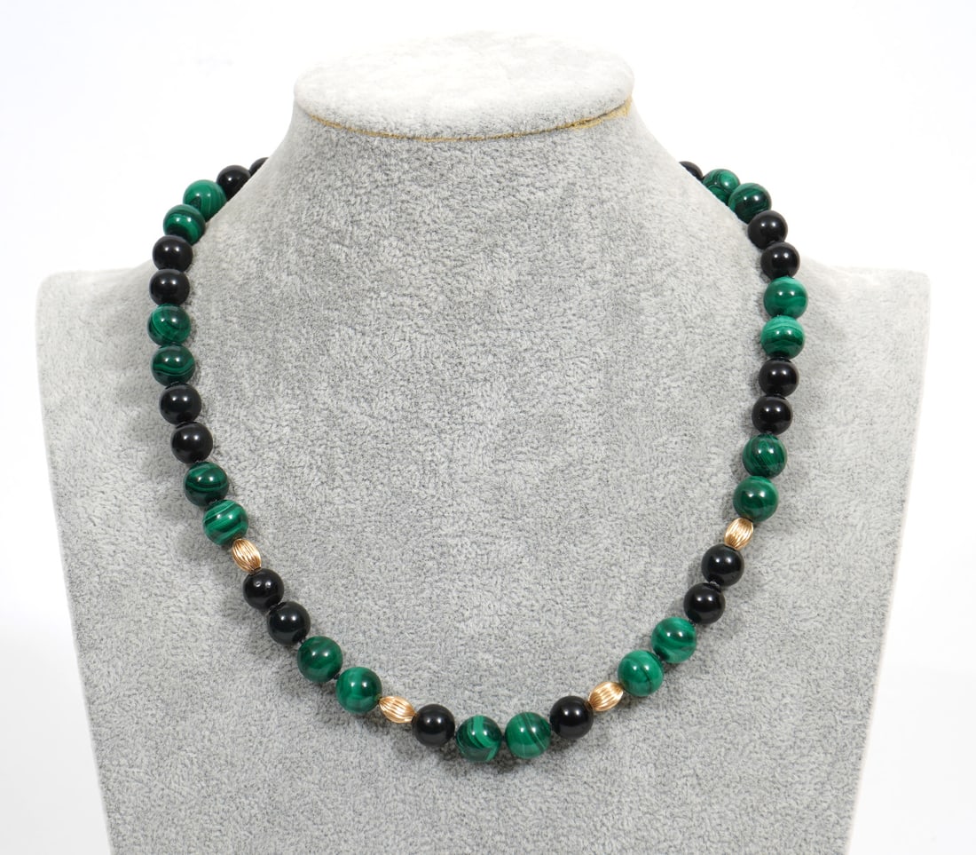 Malachite & Onyx 14K Yellow Gold Bead Necklace (1 of 5)