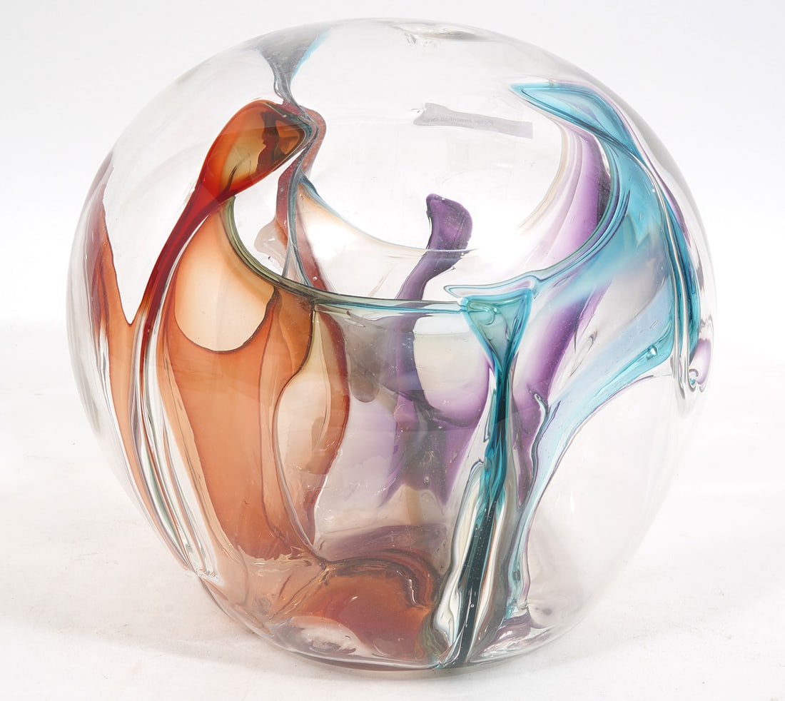 Peter Bramhall Art Glass Orb Globe Sculpture: Peter Bramhall art glass orb or globe sculpture, signed and dated 1991. Measures 9.5"H x 9.5"W. Condition report: Good condition, please examine all photos closely. Contact C. Biddle Auction Gallery f