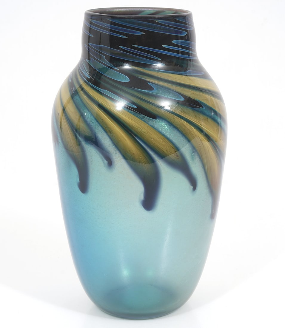 Charles Lotton Signed Blue Swirl Art Glass Vase (1 of 7)