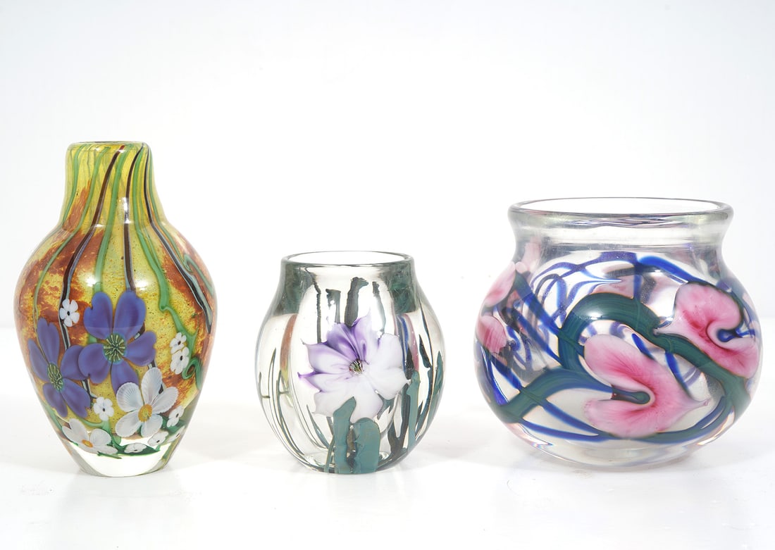 Three Signed Floral Theme Art Glass Vases (1 of 9)