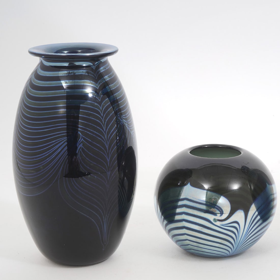 Two Deep Blue Pulled Feather Art Glass Vases (1 of 7)