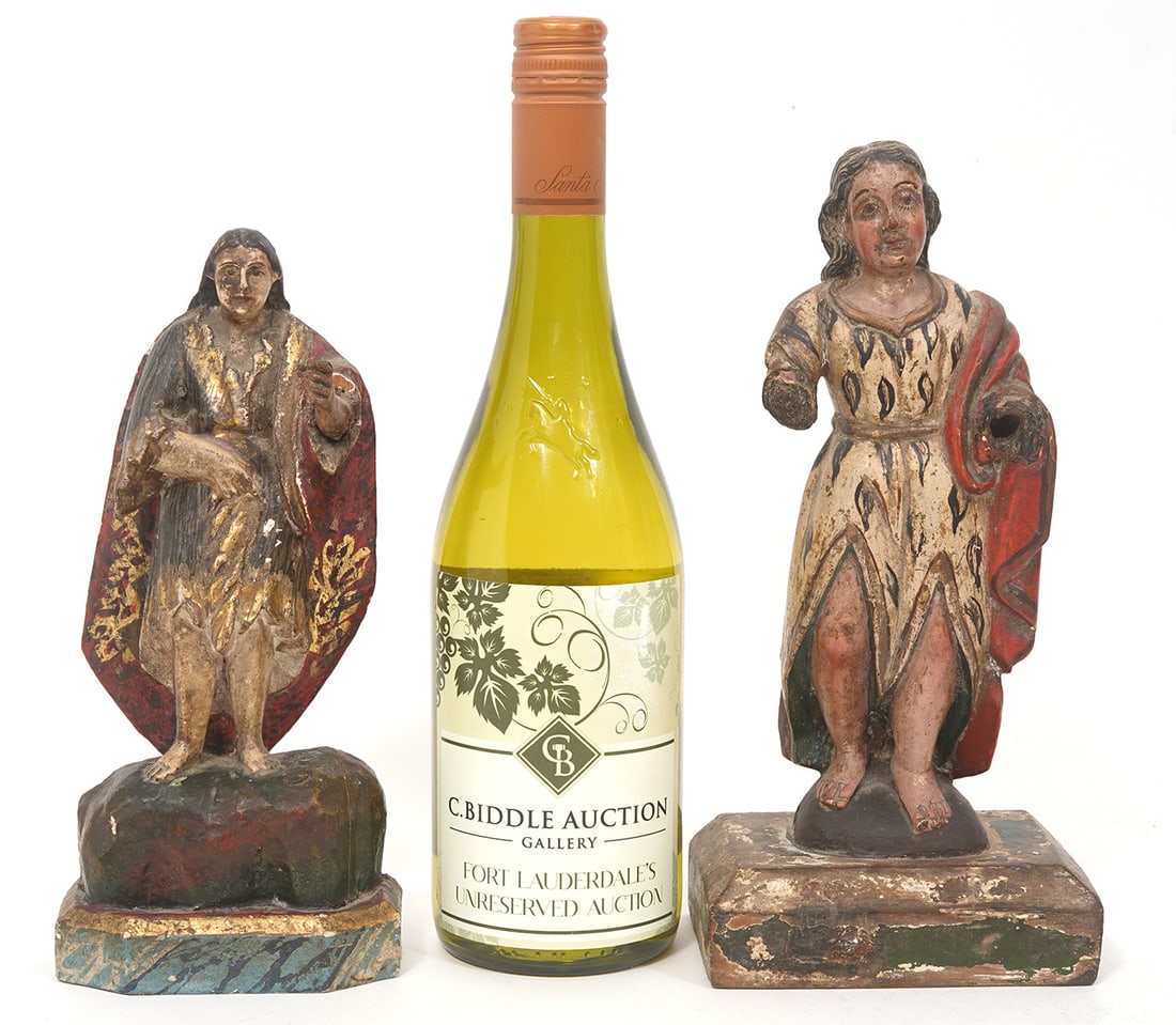 2 Antique Polychromed Carved Wooden Santos: 2 antique carved wood polychromed Santos includes a barefoot figure in a robe with one arm reaching out (9.25"H x 2.25"D x 2.25"W) and the second has a robe over the shoulder and an arm that is disfig