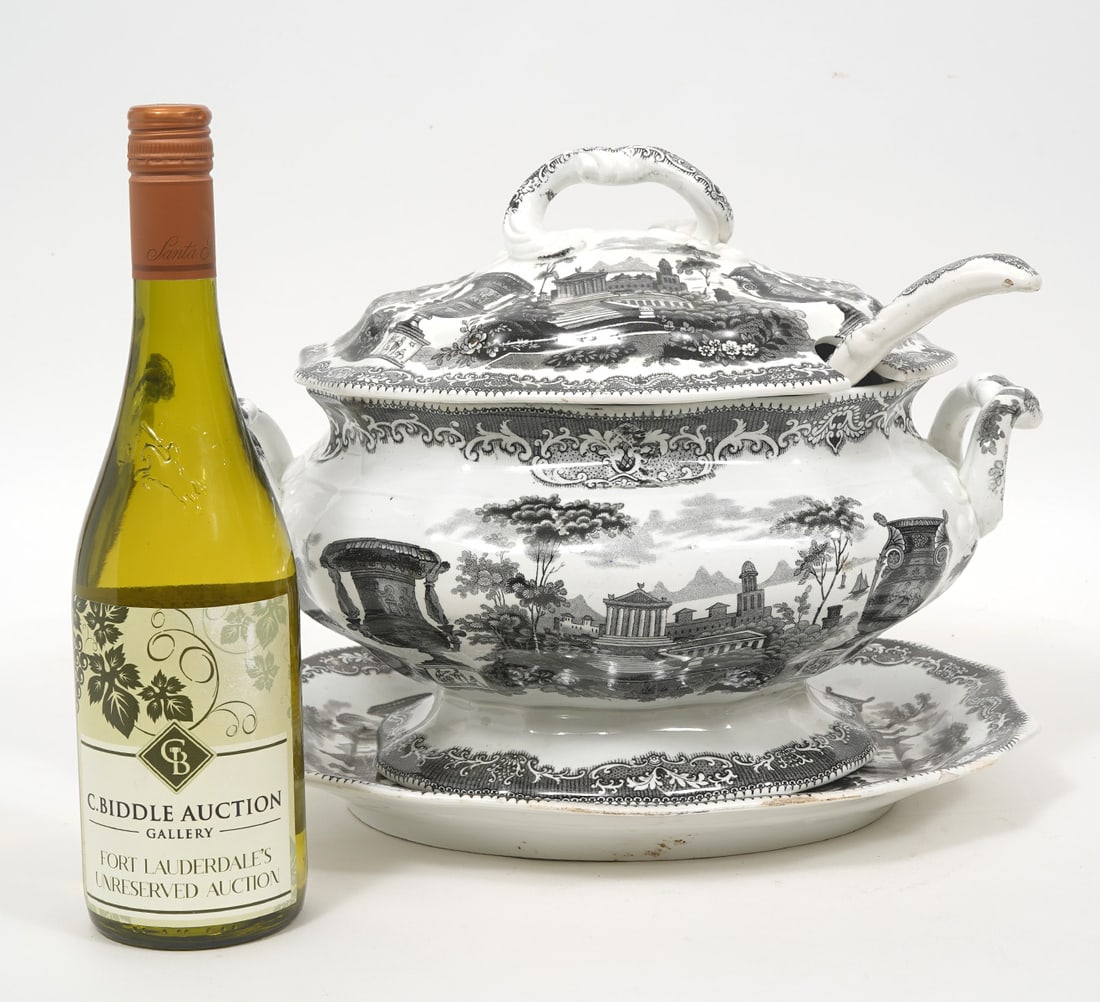 English Stoneware Tureen with Spoon: English Stoneware tureen with spoon, decorated with black and white classical landscapes. Measures 11"H x 14"W. Condition report: Good condition, please examine all photos closely. Contact C. Biddle A