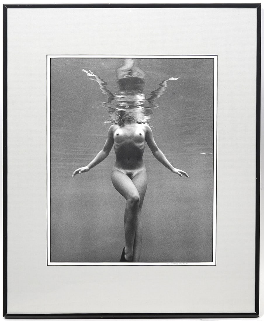 Chris Adair Signed Black & White Underwater Nude Photo: Signed (Chris Adair) black & white underwater female nude photograph, framed. Photo - 13.25"H x 10.25"W, Frame - 20"H x 16"W. Condition report: Good condition, please examine all photos closely. Conta