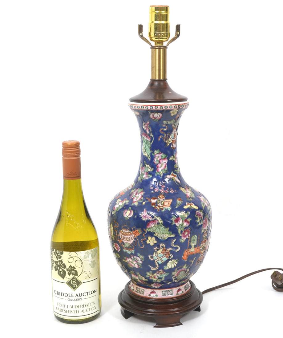 Chinese Painted Famille Blue Vase Lamp: Chinese hand-painted famille blue vase covert to lamp. Overall measurements - 20"H, vase 12"H x 6.5"W. Condition report: Good condition, please examine all photos closely. Contact C. Biddle Auction Ga