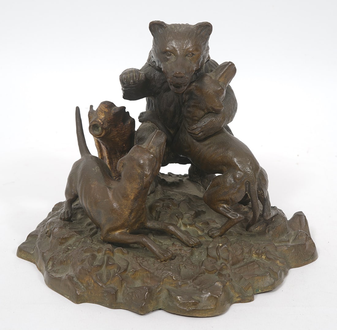 French Bronze Mechanical Inkwell Bear & Dogs (1 of 9)