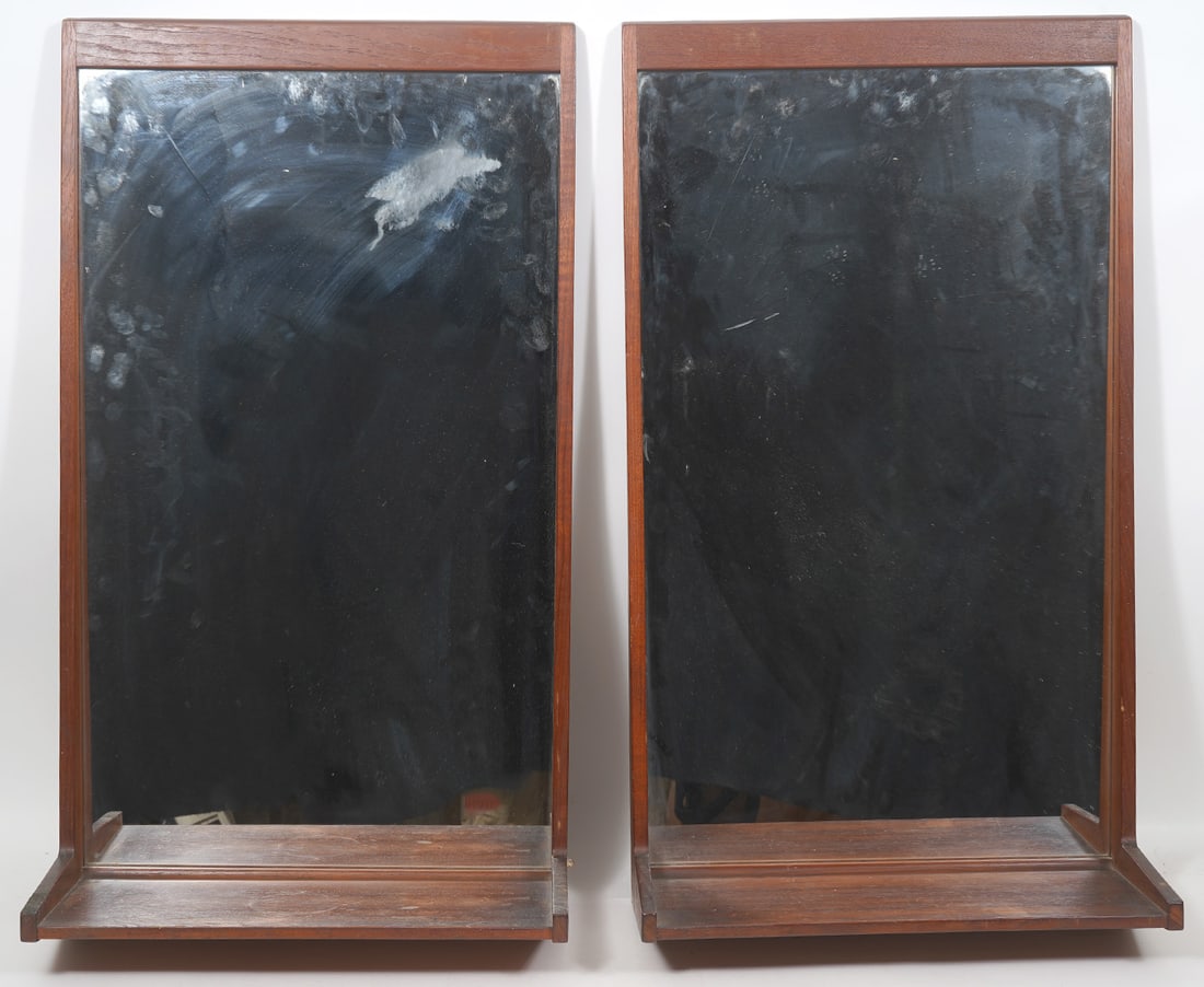 Pair 1960s Danish Modern Teak Dresser Mirrors: Pair 1960s Danish modern teak dresser mirrors by Askel Kjersgaard. Measures 19"W × 8.5"D × 33"H. Condition report: Good condition, please examine all photos closely. Contact C. Biddle Auction Galler