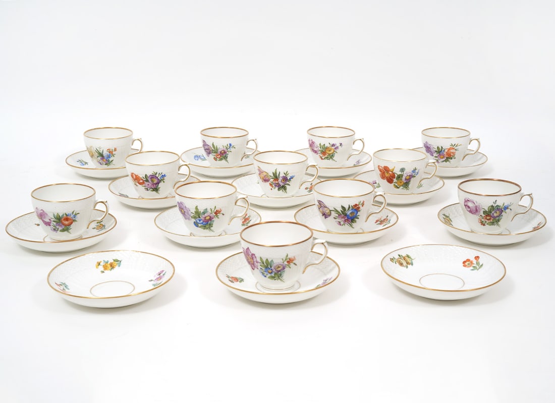 Royal Copenhagen 'Saxon Flower' 12 Cups 14 Saucers: Royal Copenhagen 'Saxon Flower' Danish porcelain, 12 tea demitasse cups (3.5"W) and 14 saucers (5"W). Condition report: Good condition, small chip to rim of one saucer, please examine all photos close