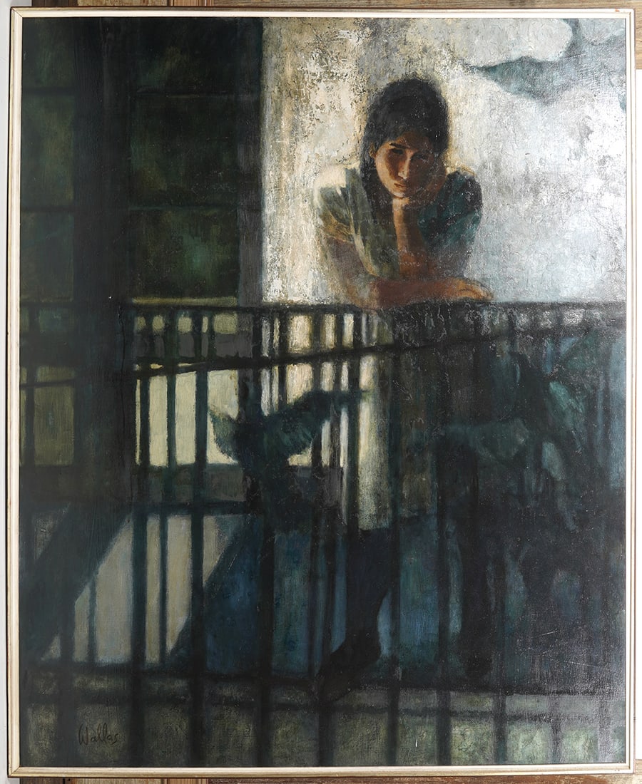 Girl on Balcony Large Signed Wallas Painting (1 of 5)