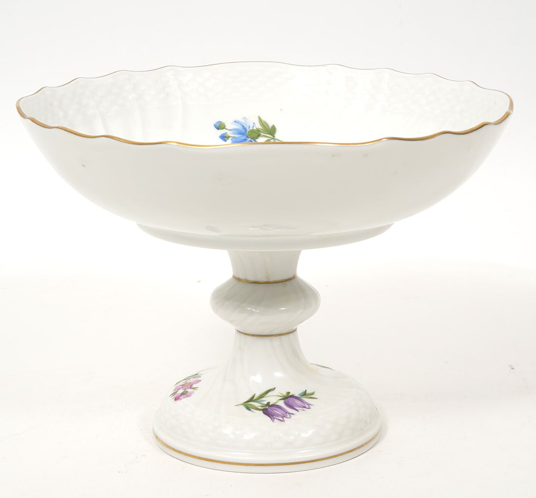 Royal Copenhagen "Saxon Flower" Compote: Royal Copenhagen "Saxon Flower" Danish porcelain compote. Hand-painted floral pattern with basket weave texture and gilt scalloped edge. Measures 6.5"H x 8.5"W. Condition report: Good condition, pleas