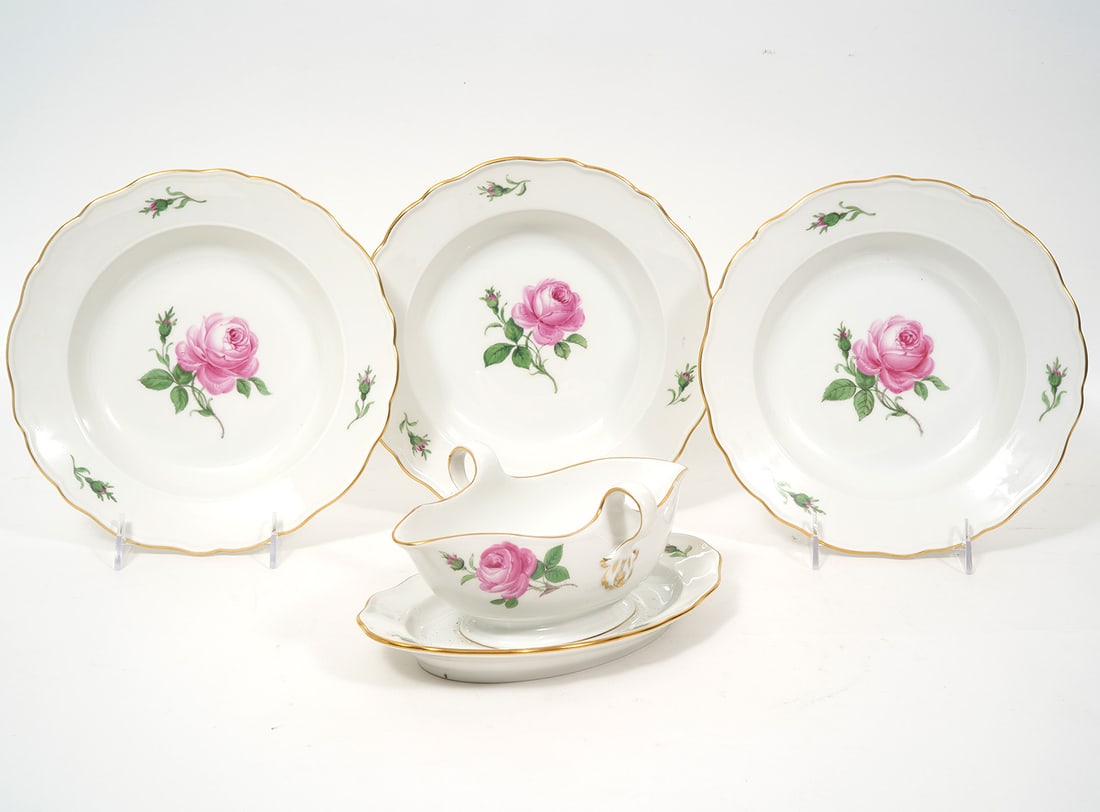 Meissen 'Pink Rose' Porcelain Bowls & Boat: Meissen 'Pink Rose' porcelain group includes 3 soup bowls (9.5"W) and one gravy boat (10"L x 6.5"W). Blue crossed swords mark underside. Condition report: Good condition, please examine all photos clo