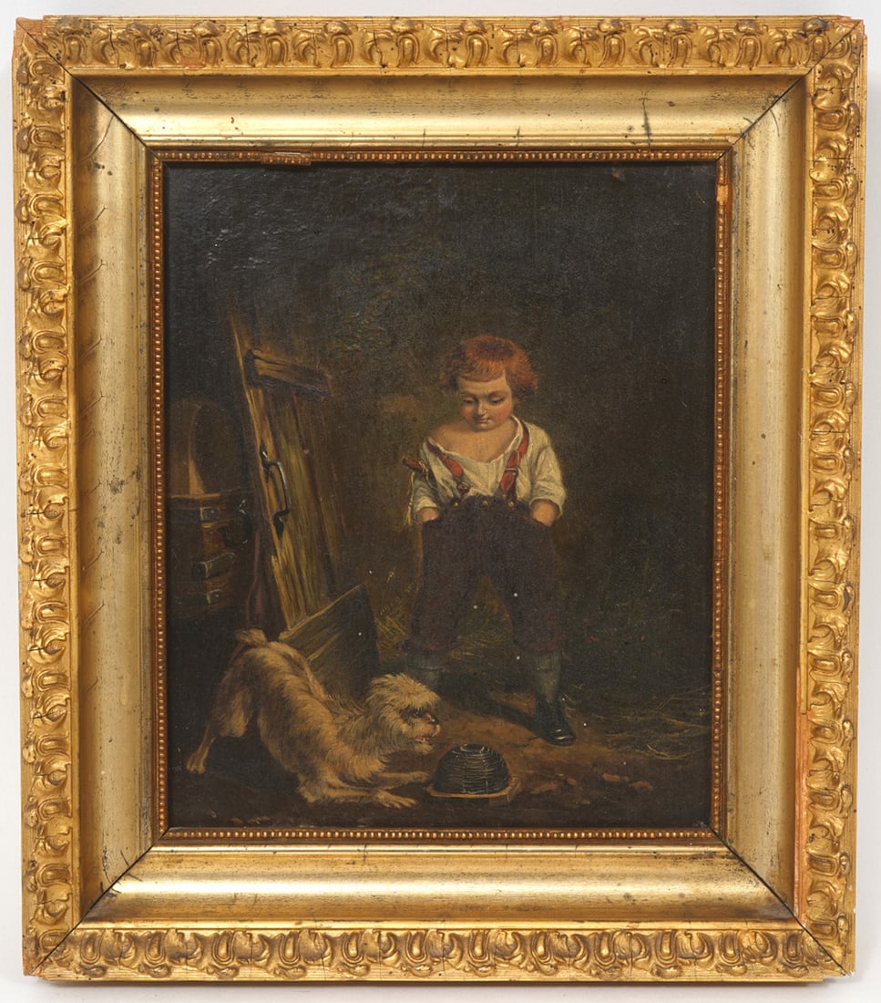 Antique Unsigned Painting of Child & Dog (1 of 4)