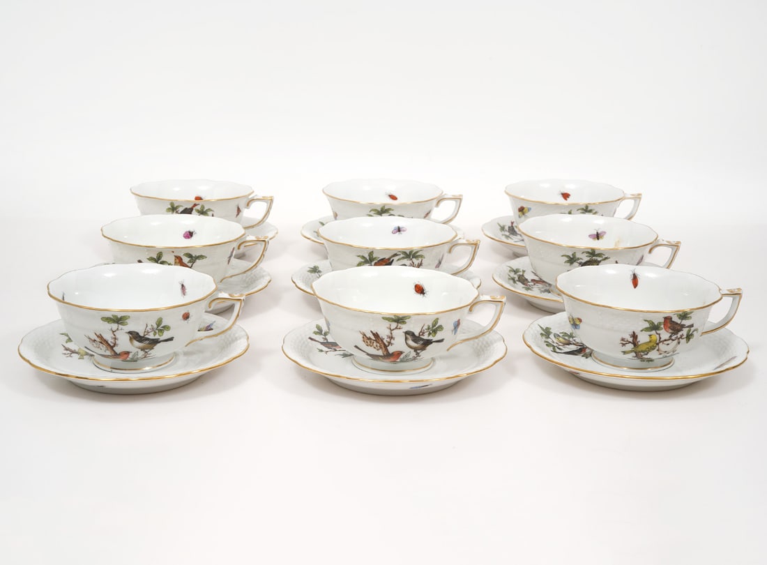 9 Rothschild Bird Tea Cups & 9 Saucers: 9 Rothschild Bird Hand Painted Tea Cups numbered 734 RO and measure 2"H x 5"W and 9 Saucers numbered 734 RO and measure 5.75"W. Condition report: good condition, no issues, please see all photos. Cont