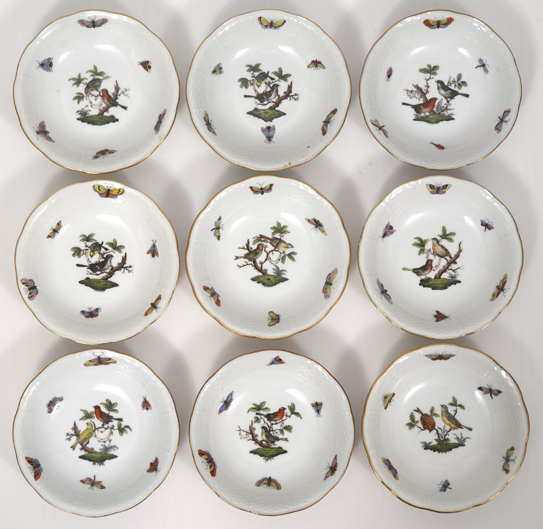 Nine Rothschild Bird Fruit & Dessert Bowls: Nine Rothschild Bird Fruit and Dessert Bowls that are hand painted with gold trim on slightly scalloped rims. They are marked on underside and numbered 329 RO, measure 5.5"W x 1.25"H. Condition report