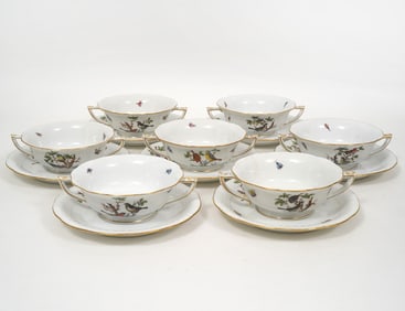 7 Herend Rothschild Bird Soup Cups & 7 Saucers