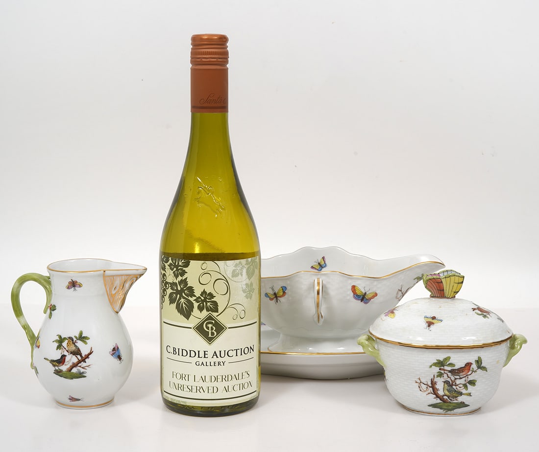 Herend Rothschild Bird Gravy Boat, Creamer & Sugar: Herend Rothschild Bird Gravy Boat numbered 234 RO, measures 9.5"L x 4"H x 6.75"W; Creamer numbered 1634 RO measures 4.5"L x 4.5"H x 3"W; covered Sugar/Candy Bowl numbered 6018 measures 5.25"L x 4.5"H 