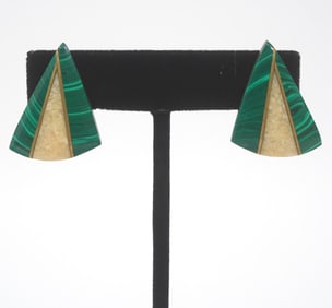 Triangular Wood Malachite 14K Gold Earrings
