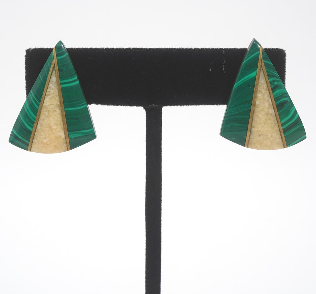 Triangular Wood Malachite 14K Gold Earrings (1 of 5)
