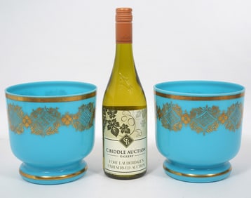 Pair French Blue Opaline Glass Planters