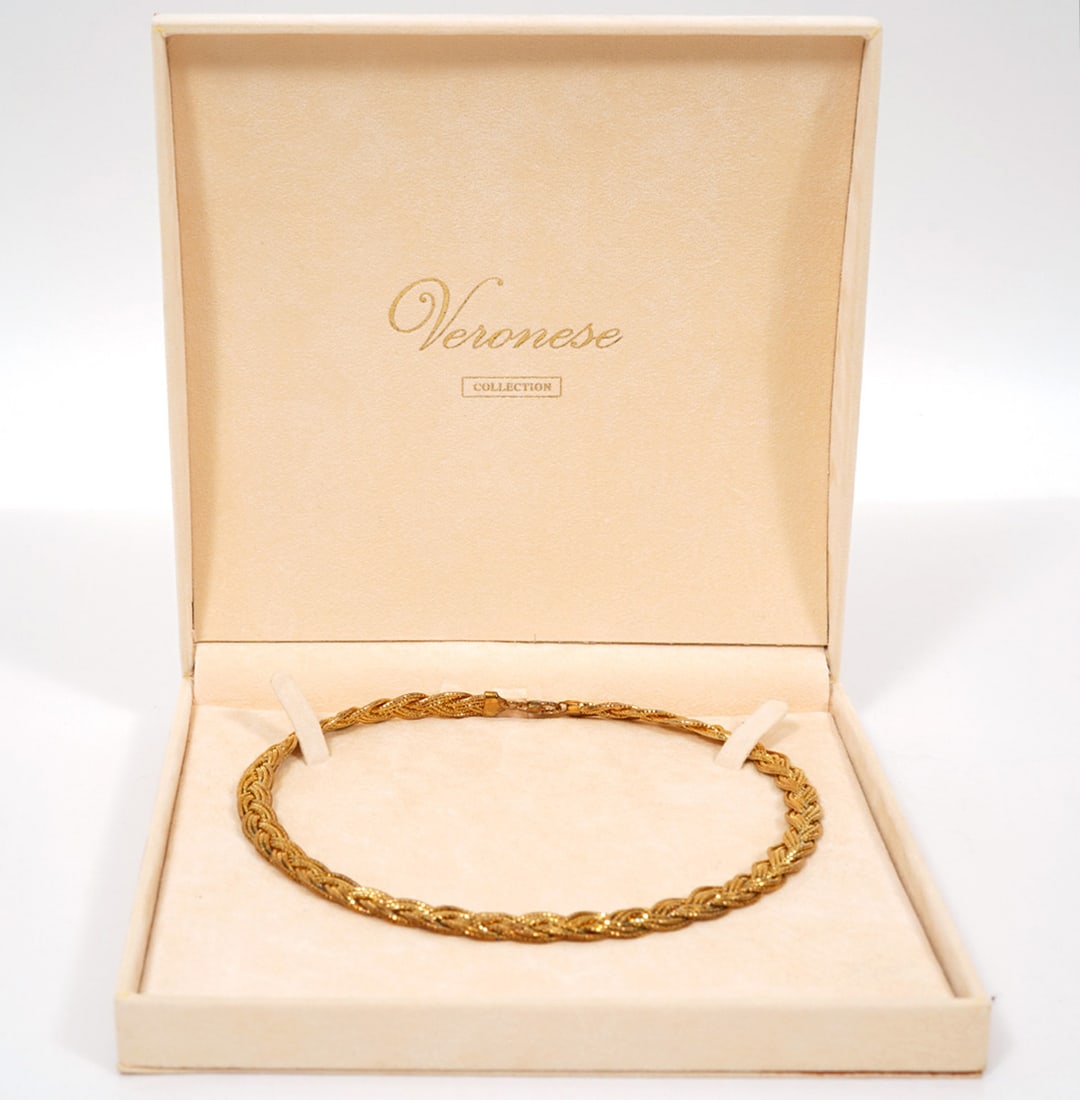 Italian Vermeil Sterling Silver Collar Necklace: Italian vermeil sterling silver flat collar necklace (17"L) in original presentation box. Measures 10mm wide. Condition report: Good condition, please examine all photos closely. Contact C. Biddle Auc