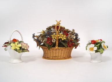 2 China Floral Baskets 1 Gilt Metal Floral Basket