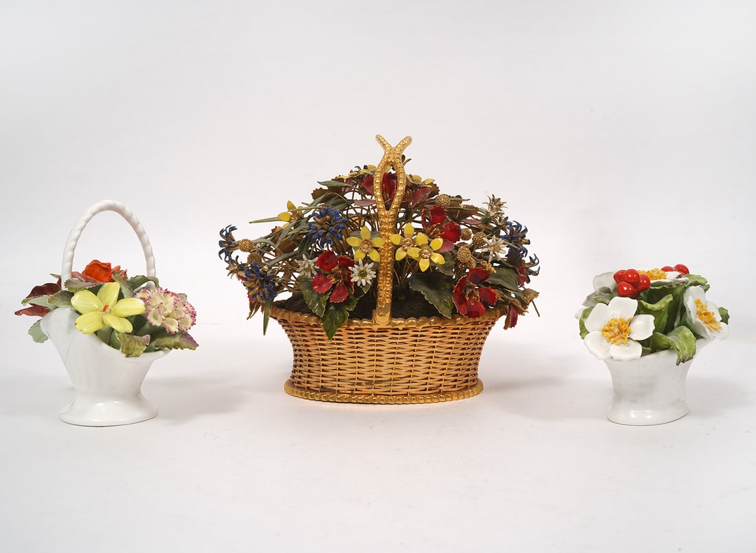 2 China Floral Baskets 1 Gilt Metal Floral Basket: Royal Adderley bone china 'Floral' basket (4.75"H x 5.25"L x 3.5"W); Aynsley bone china basket 'December Christmas Rose' (3"H x 4.5"L x 3.25"W); gilt metal basket with assorted floral arrangement (6.2