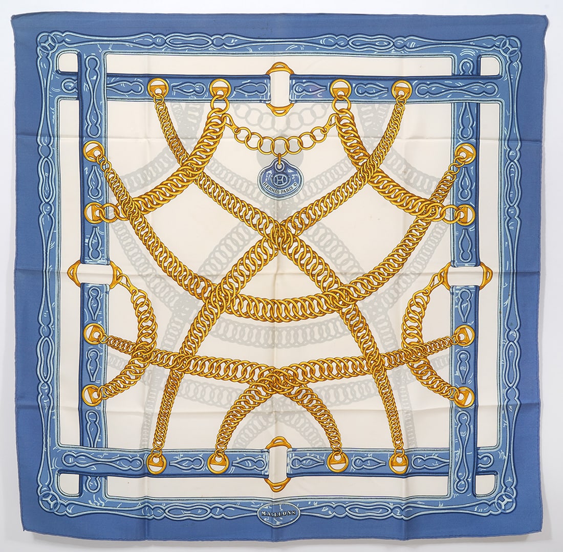Hermes "Maillons" Silk Scarf: Hermes "Maillons" silk scarf measures approx. 35" x 35". Condition report: some minor stains, please examine all photos closely. Contact C. Biddle Auction Gallery for more detailed information. C. Bid