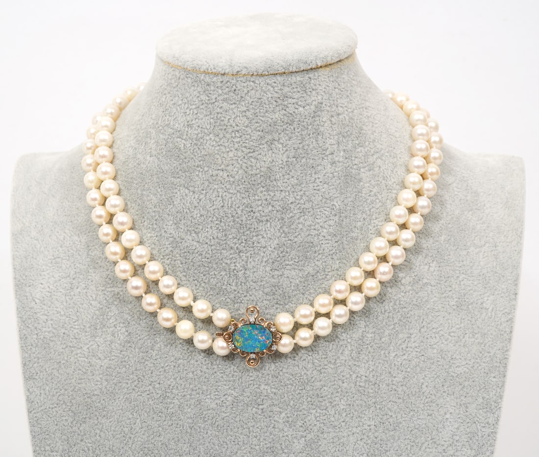 Double Strand Pearl Necklace Opal & Diamond Clasp (1 of 7)