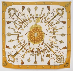 Hermes "Les Cles" Yellow and White Silk Scarf