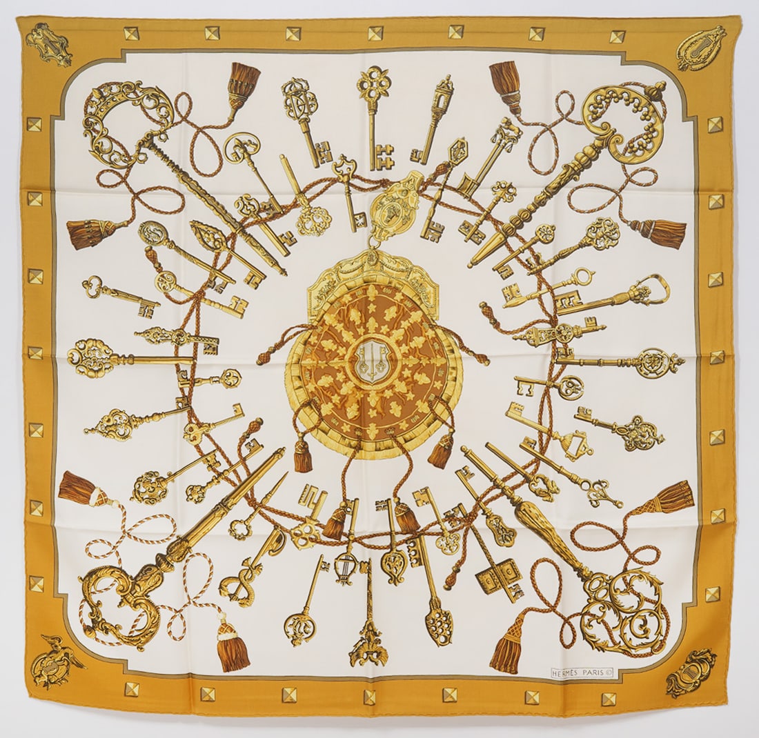 Hermes "Les Cles" Yellow and White Silk Scarf (1 of 3)