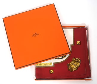 Hermes "Les Cles" Crimson Red and White Silk Scarf