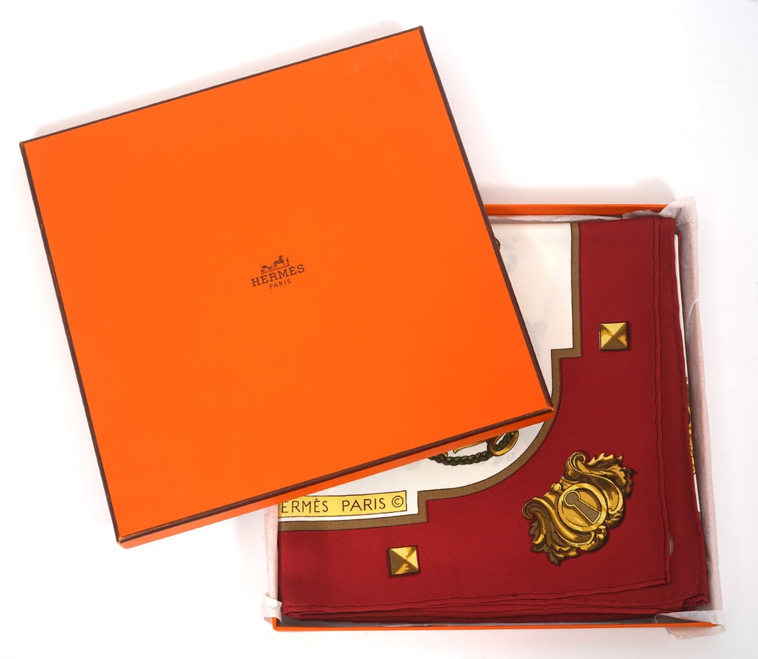 Hermes "Les Cles" Crimson Red and White Silk Scarf (1 of 4)