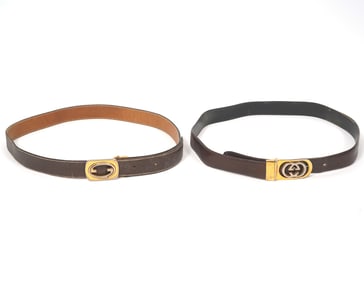 Two Gucci Brown Leather Belts with Brass Buckles