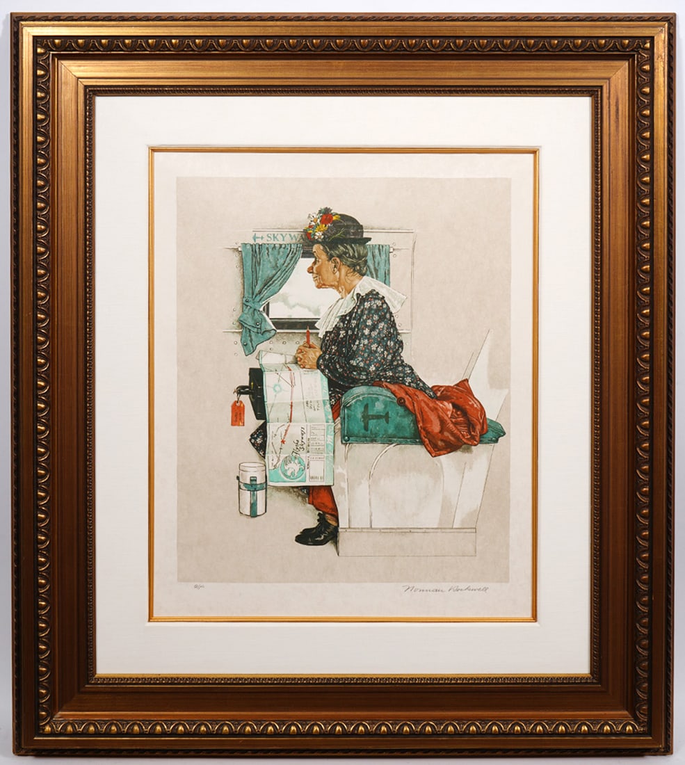 Norman Rockwell 'First Airplane Ride' AP: Norman Rockwell, American (1894-1978). This was created in 1938 as the cover illustration for the Saturday Evening Post. Signed lower right and AP lower left on Japon paper and mounted in an ornate gi