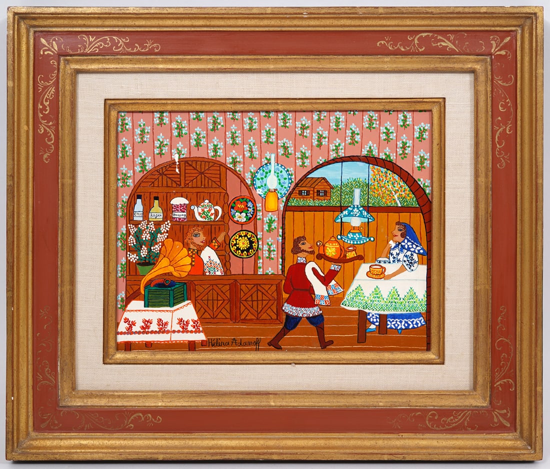 Helena Adamoff 'Le Bistro' Painting: Helena Adamoff, Russia (1906-1995). 'Le Bistro' oil on canvas painting mounted in gilt wood frame with decorative burgundy and gilt inner frame. Wally Findlay Galleries labels and tag on verso. Measur