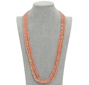 14K YG 6 Strand Angelskin Coral & Pearl Necklace