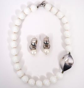 White Bead Necklace & Faux Pearl Earrings