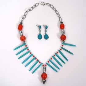 Faux Turquoise & Coral Necklace & Earrings