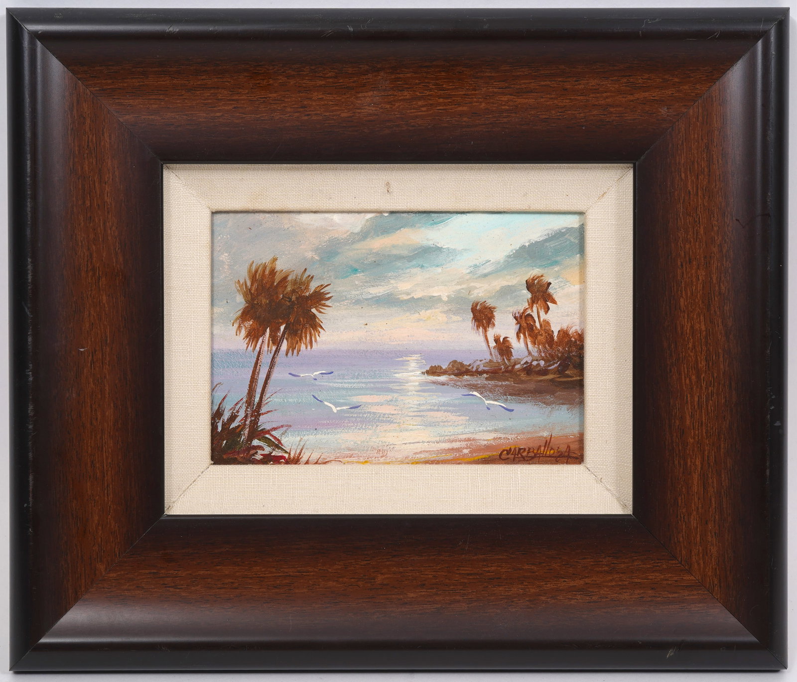 Julio Carballosa Cuban Coastal O/B Signed Painting: Julio Carballosa (Cuban 1919-2012) Coastal seascape oil on board painting, signed lower right. Measurements: Visual Image - 4.5"H x 6"W; Framed - 11"H x 13"W. Condition report: Good condition, please 