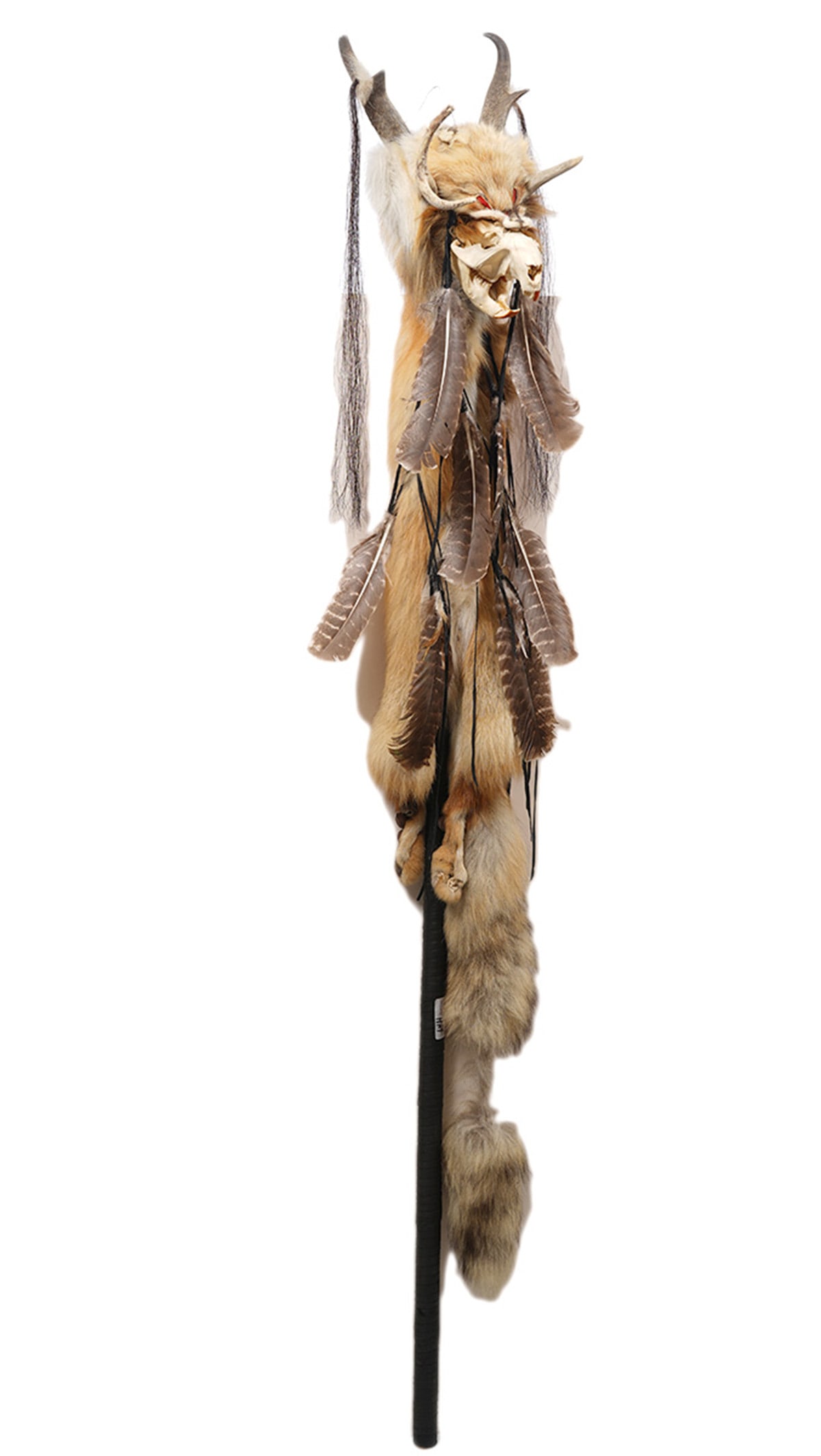 Native American Medicine Man Stick with Fur: Native American medicine man stick composed of bone, fur, leather and other materials. Measures 66"H x 9"W. Condition report: Good condition, please examine all photos closely. Contact C. Biddle Aucti