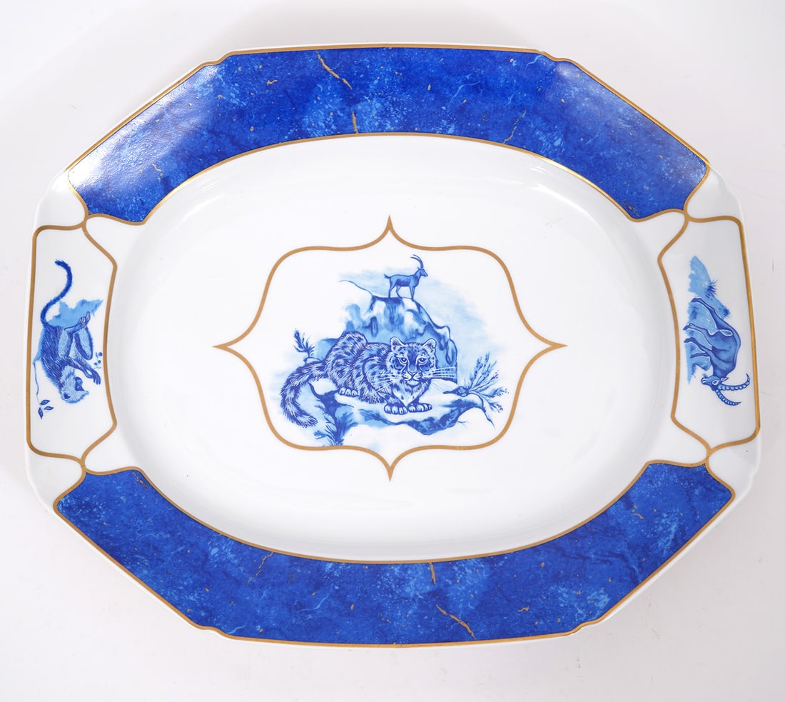 Lynn Chase 'Leopard Lazuli' Serving Platter: Lynn Chase 'Leopard Lazuli' porcelain serving platter has oriental style decorations featuring lapis lazuli style patterns. Underside has details on the inspiration for this collection. Measures 14"L 