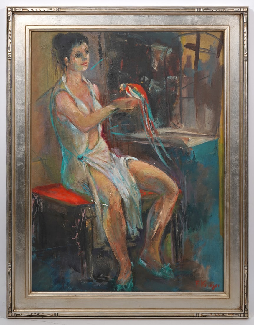 Florence Krieger Oil on Canvas Woman & Parrot (1 of 5)