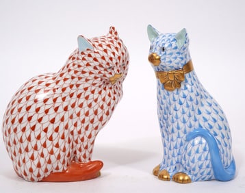Two Herend Cats in Blue and Red Fishnet