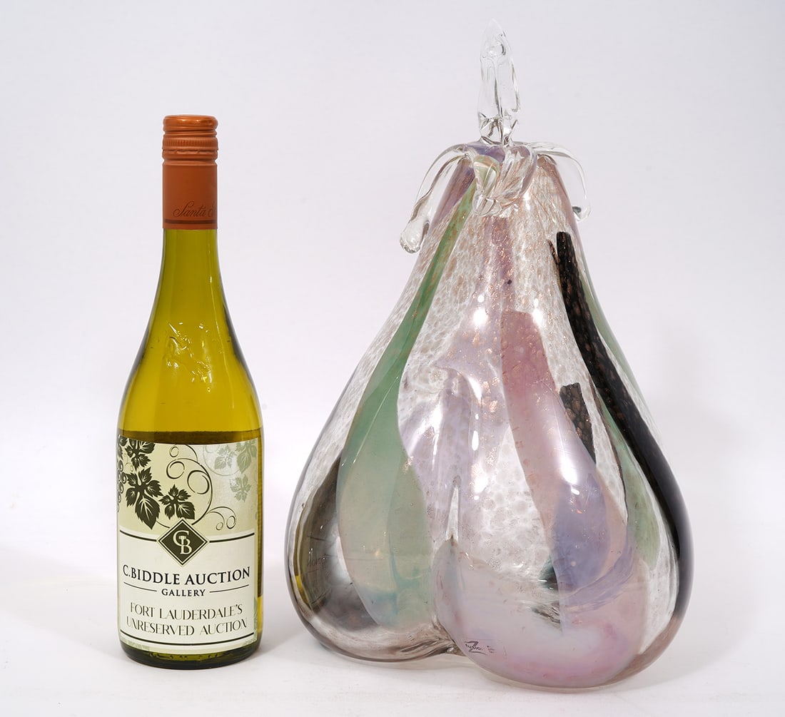 Fusion Z Czech Art Glass Eggplant Sculpture: Fusion Z Czech art glass eggplant sculpture, composed of clear glass with stripes of color and gold flecks. Original sticker attached. Measures - 14"H x 8"W. Condition report: Good condition, please e
