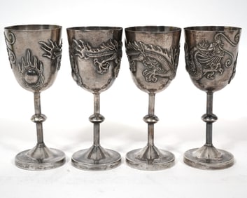 Four 900 Silver Dragon Repousse Cordials