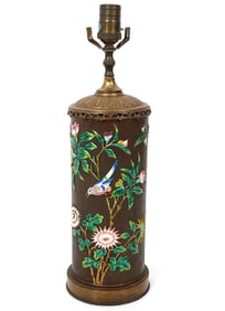 Chinese Bird s & Flowers Enamel Over Copper Lamp