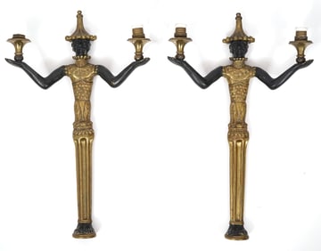 Pr. Oriental-Style Figural Two-Tone Bronze Sconces