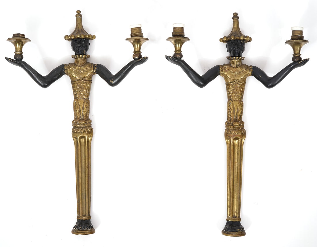Pr. Oriental-Style Figural Two-Tone Bronze Sconces (1 of 7)