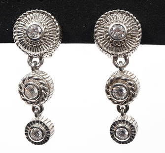 Judith Ripka Sterling Silver Rhinestone Earrings: Judith Ripka sterling silver and rhinestone dangle earrings. 1.5" long. Weight - 14.4g. Condition report: Good condition, please examine all photos closely. Contact C. Biddle Auction Gallery for more